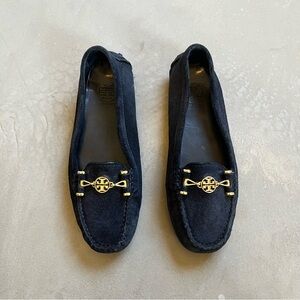Tory Burch Daria Navy Blue Suede Gold Hardware Driving Moccasin Loafer 8.5